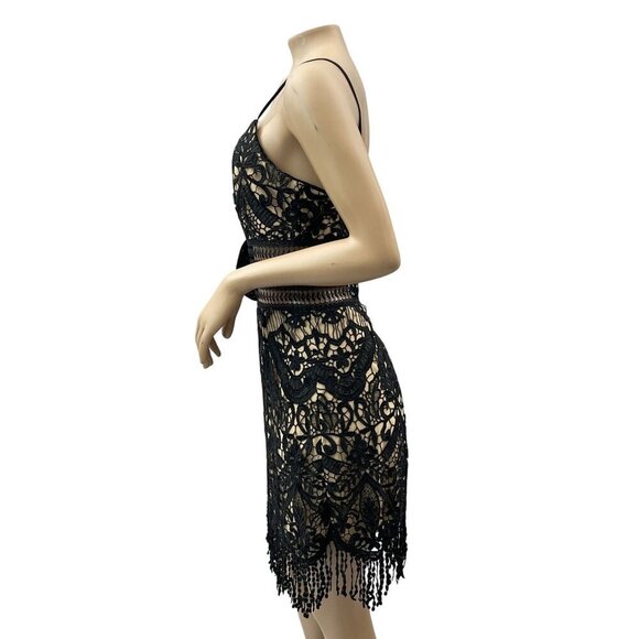 Saylor Black Guipure Lace Fringe Hem Spaghetti Strap Deep V-Neck Midi Dress S - Picture 11 of 11